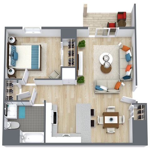 Floor plan for 1 bed, 1 bath, 760 sqft